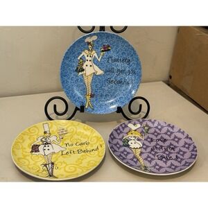 Set of 3 Delish Girls‎ w Attitude Salad Dessert Plates  8" Purple Yellow Blue